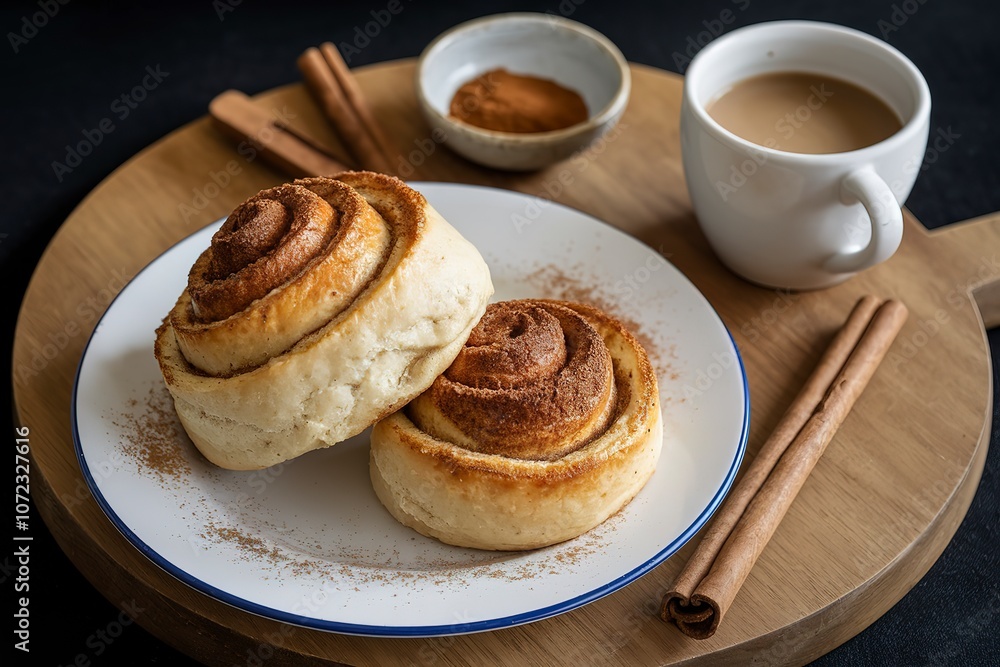 a plate of baked cinnamon buns with a drizzle of cinnamon and a cup of coffee a plate of baked cinnamon buns with a drizzle of cinnamon and a cup of coffee