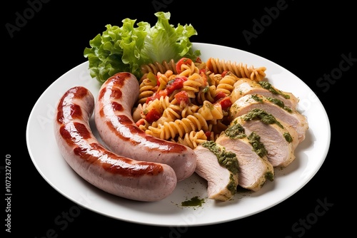 a plate with two grilled sausages,spiral pasta,slices of grilled chicken