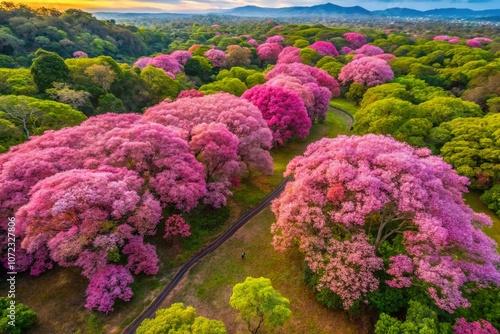 Stunning Aerial View of Handroanthus impetiginosus in Bloom Over Lush Landscape, Showcasing Vibrant Pink Flowers of the Pink Trumpet Tree in a Northern Mexican Forest Setting photo