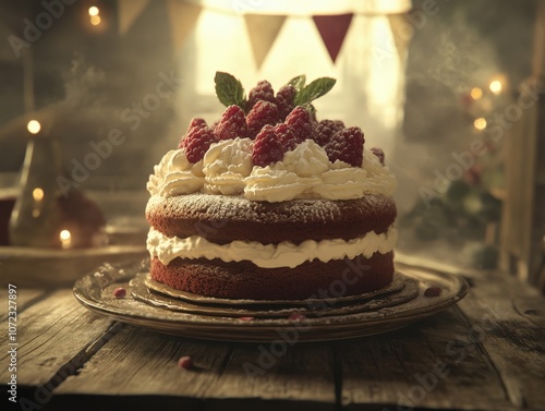 Delicious homemade layered cake with fresh raspberries and whipped cream topping, set against a cozy holiday backdrop with festive lights and decorations.