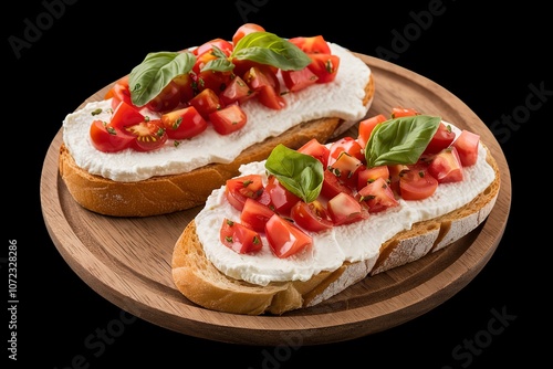 ciabatta toasts with stracciatella cheese, chopped tomatoes, and basil.