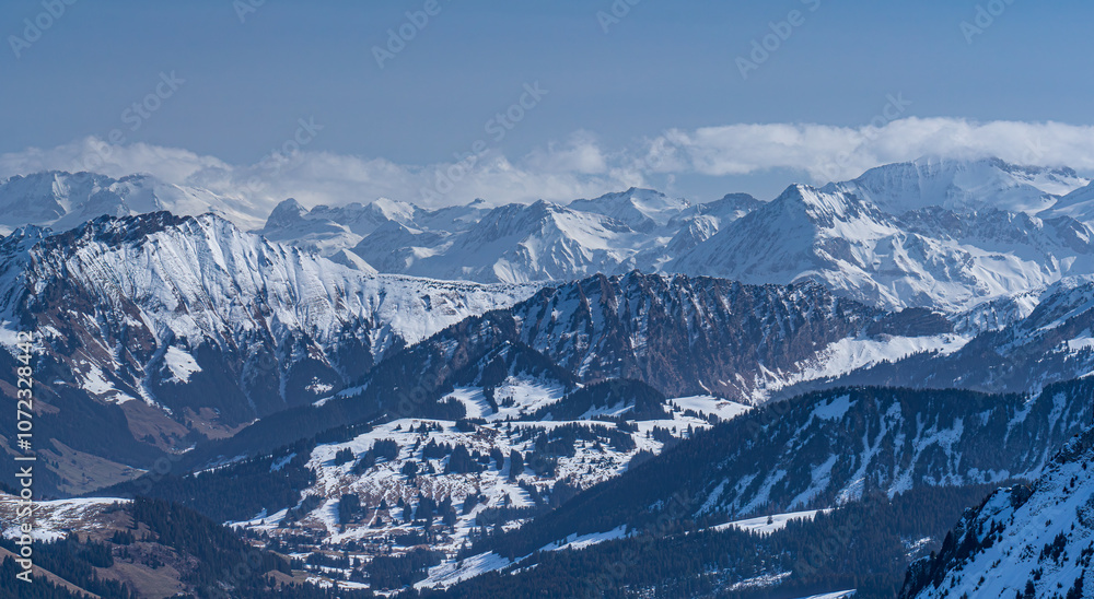 View on winter mpuntains from Rochers-de-Naye peak, Montreux, Alps.