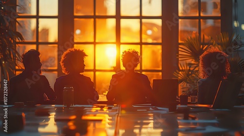 group of people silhouetted against a stunning sunset, seated by large windows in a modern workspace, evoking collaboration, creativity, and a relaxed urban vibe