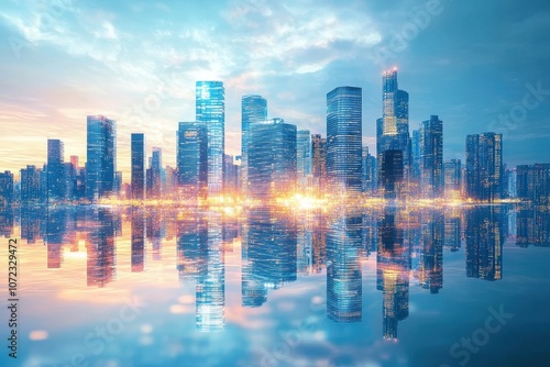 Cityscape at Sunrise with Skyscrapers Reflecting in Calm Water, Highlighting Urban Beauty and Modern Architecture