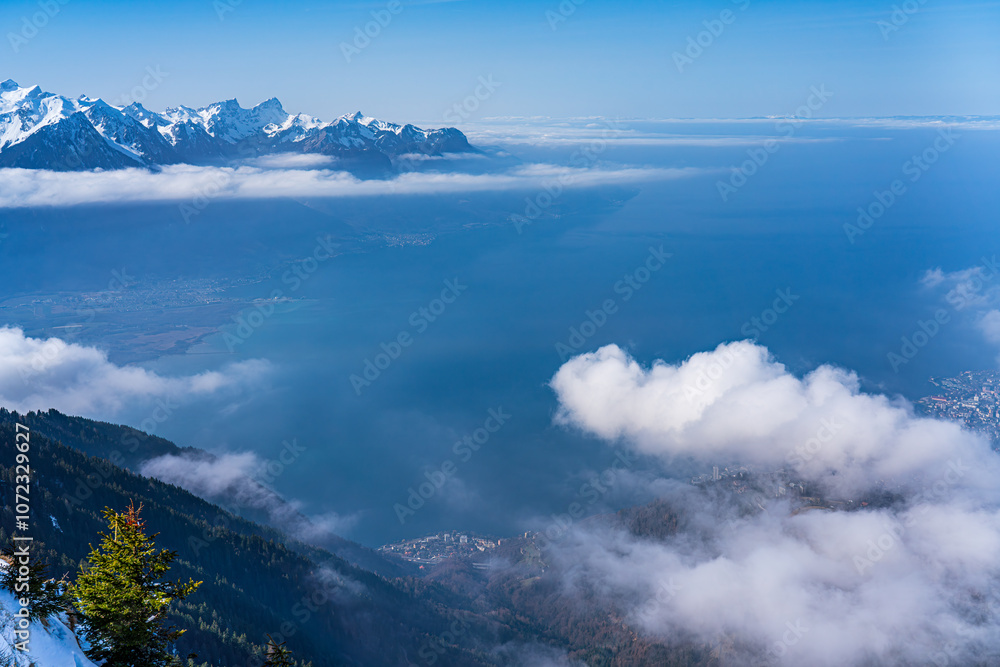 View on winter mpuntains from Rochers-de-Naye peak, Montreux, Alps.