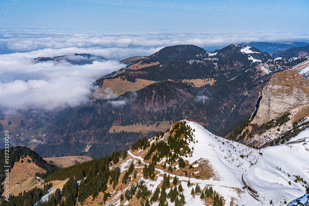 View on winter mpuntains from Rochers-de-Naye peak, Montreux, Alps.
