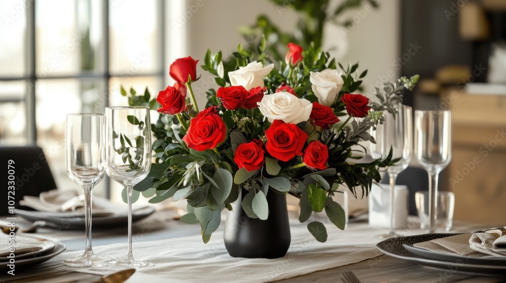 Red and White Roses in a Vase on a Table Setting