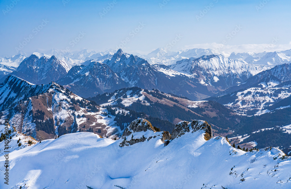 View on winter mpuntains from Rochers-de-Naye peak, Montreux, Alps.