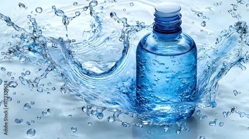 Splashing Water Bottle with Blue Liquid Background