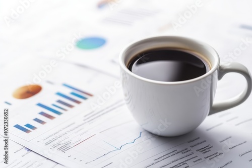 Close-Up of Coffee Cup on Marketing Report with Graphs and Charts, Representing Business and Productivity