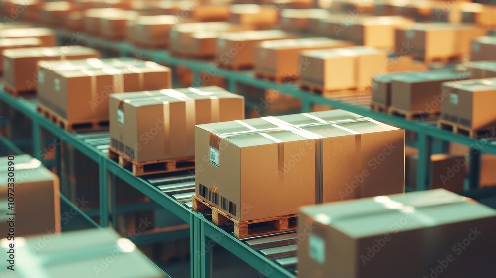 Busy distribution center with rows of inventory ready Busy distribution center with rows of inventory ready