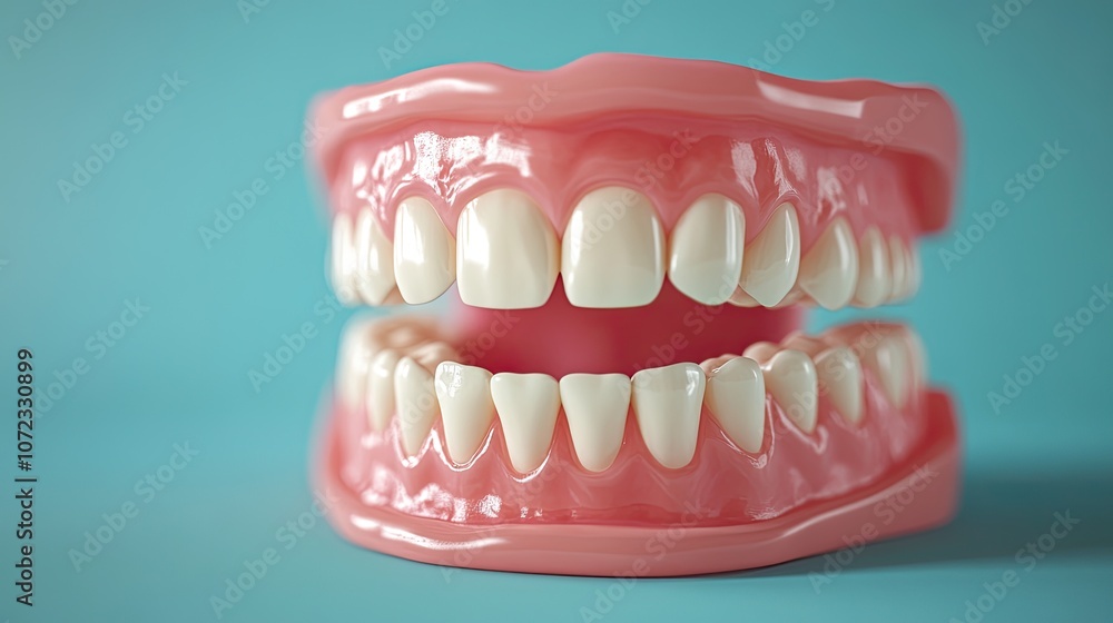 Fototapeta premium 3D model of healthy white teeth on a blue backdrop, representing oral care with space for promotional text.