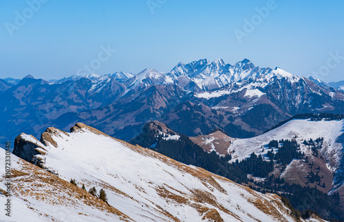 View on winter mpuntains from Rochers-de-Naye peak, Montreux, Alps.