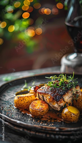 Fototapeta Naklejka Na Ścianę i Meble -  A vibrant photo showcasing a delectable meal with crispy roasted potatoes and main dish