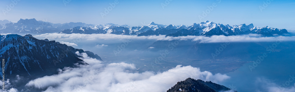 View on winter mpuntains from Rochers-de-Naye peak, Montreux, Alps.