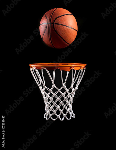 Basketball and Basketball Hoop floating or flying, isolated on a Dark black