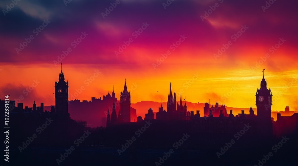 Cultural Landmarks at Sunset, vibrant hues illuminate historic buildings, creating a breathtaking skyline silhouette against a twilight sky, showcasing architectural beauty and heritage Cultural Landmarks at Sunset, vibrant hues illuminate historic buildings, creating a breathtaking skyline silhouette against a twilight sky, showcasing architectural beauty and heritage