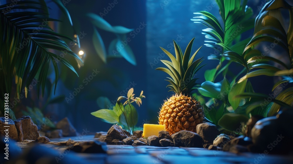 Fototapeta premium tropical paradise with pineapple and lush foliage