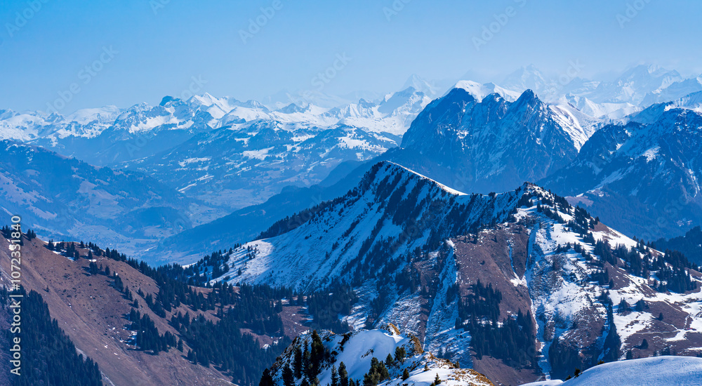 View on winter mpuntains from Rochers-de-Naye peak, Montreux, Alps.