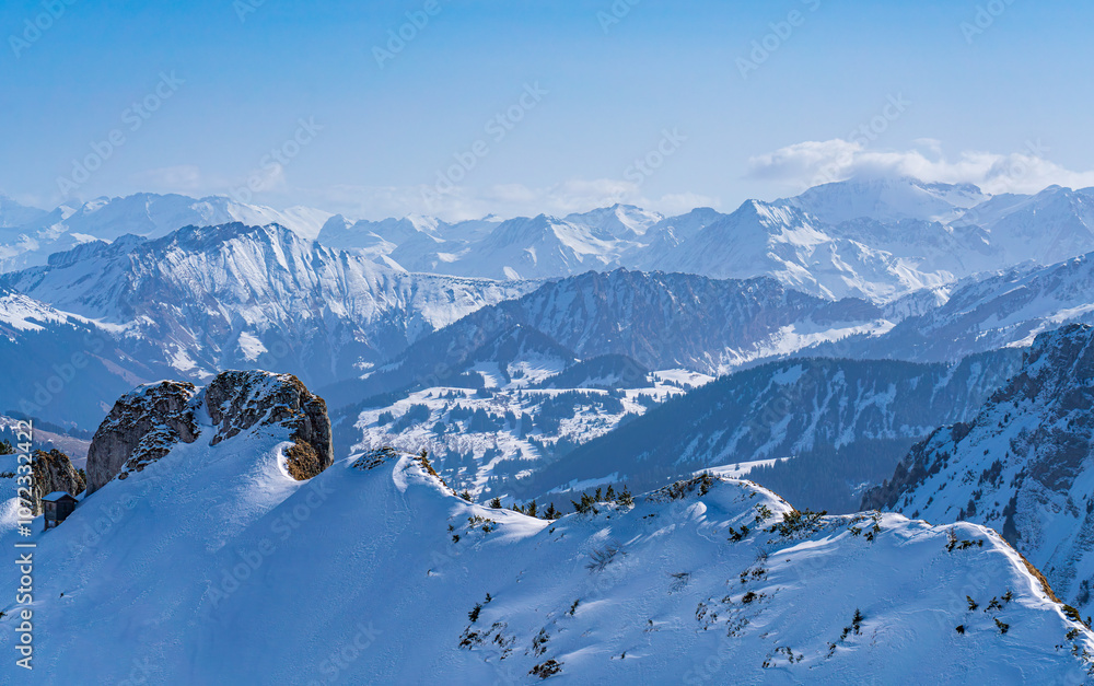 View on winter mpuntains from Rochers-de-Naye peak, Montreux, Alps.