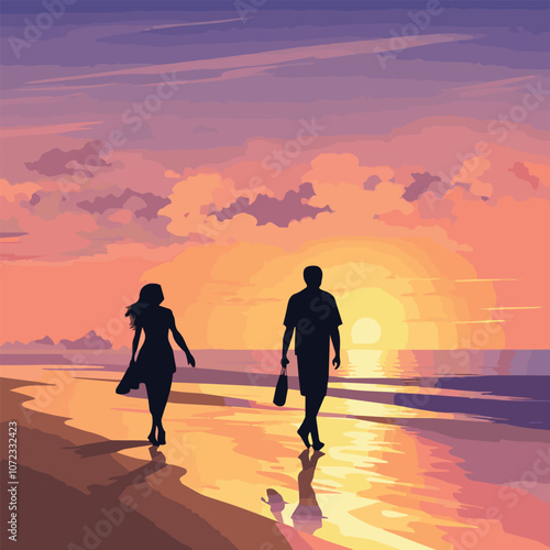 Family summer vacation on seaside with couple run to sea holding hands. Married man and woman on beach travel to coast resort, back view. Cartoon flat vector illustration.	