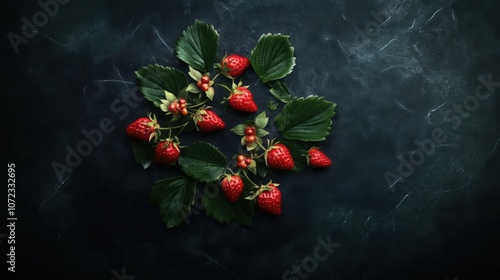 Ripe red strawberries with green leaves on a dark background