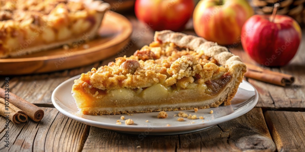 A single slice of freshly baked apple pie with a golden brown crust and a crumb topping, resting on a plate with scattered crumbs, set on a rustic wooden table. A single slice of freshly baked apple pie with a golden brown crust and a crumb topping, resting on a plate with scattered crumbs, set on a rustic wooden table.