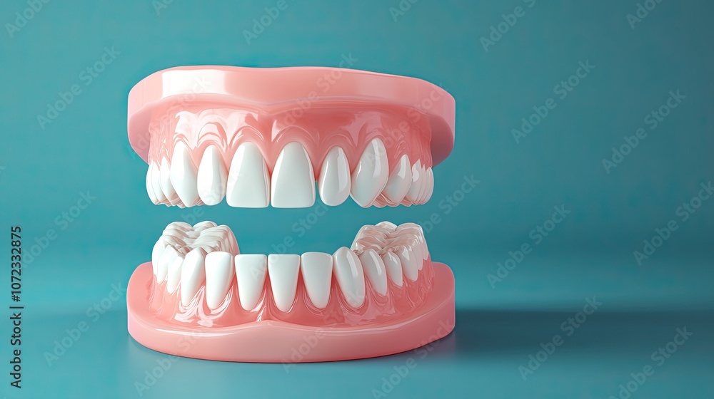 Bright 3D model of teeth against blue background, representing dental health with open space for text. Bright 3D model of teeth against blue background, representing dental health with open space for text.