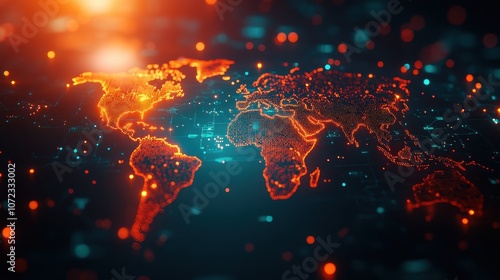 It represents global connections, technology, communication, and the spread of information in a digital age with glowing points on a world map.