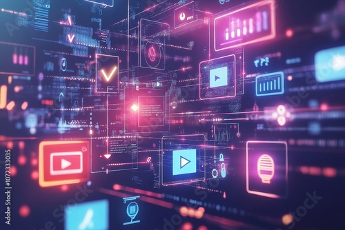 Conceptual illustration of digital content marketing with floating media icons and neon light interfaces, symbolizing online engagement, multimedia content, and data-driven marketing