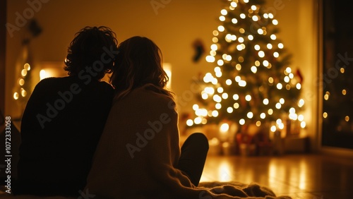 Romantic couple enjoying a quiet Christmas side by side, sharing smiles and warmth