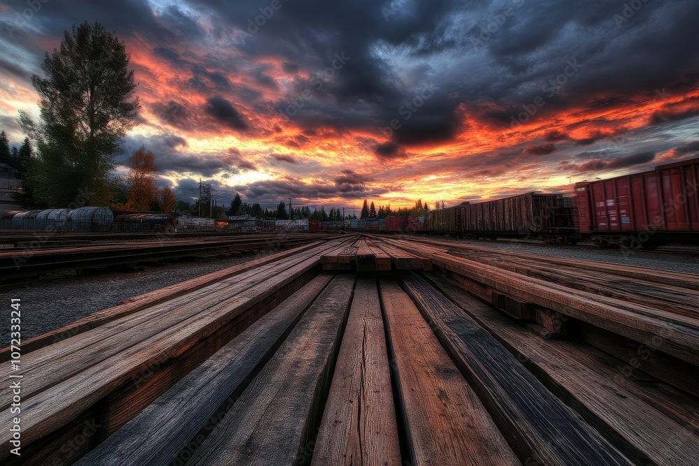 Fototapeta premium Industrial Yard with Freight Cars and Cloudy Sky