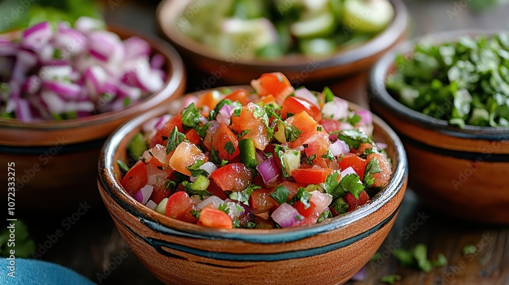 Vibrant and colorful salsa bowls filled with fresh ingredients. Vibrant and colorful salsa bowls filled with fresh ingredients.