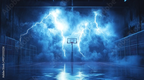 a basketball court with smoke and lightning