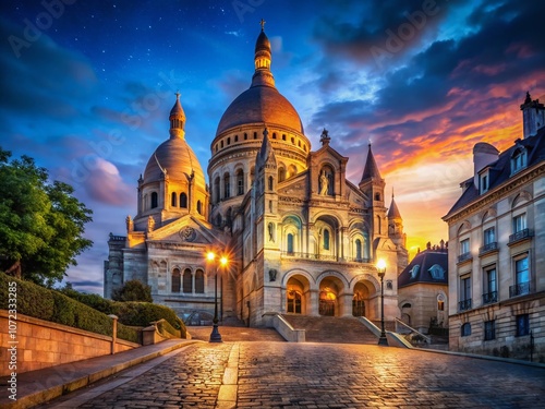 Stunning Low Light Photography of Sacre Coeur de Montmartre in Paris Capturing the Beauty of Nighttime Illuminations and Historic Architecture