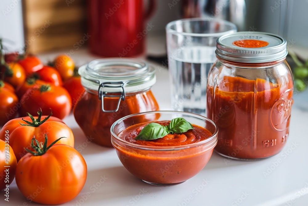 a kitchen countertop with a variety of tomatoes and tomato-based products a kitchen countertop with a variety of tomatoes and tomato-based products
