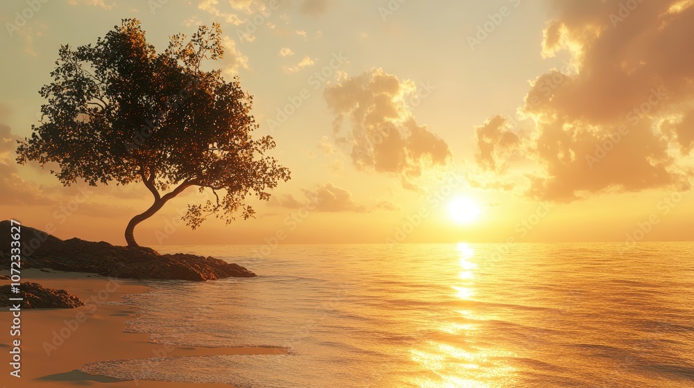 Golden sunrise on a serene beach with a solitary tree. Generative AI image Golden sunrise on a serene beach with a solitary tree. Generative AI image