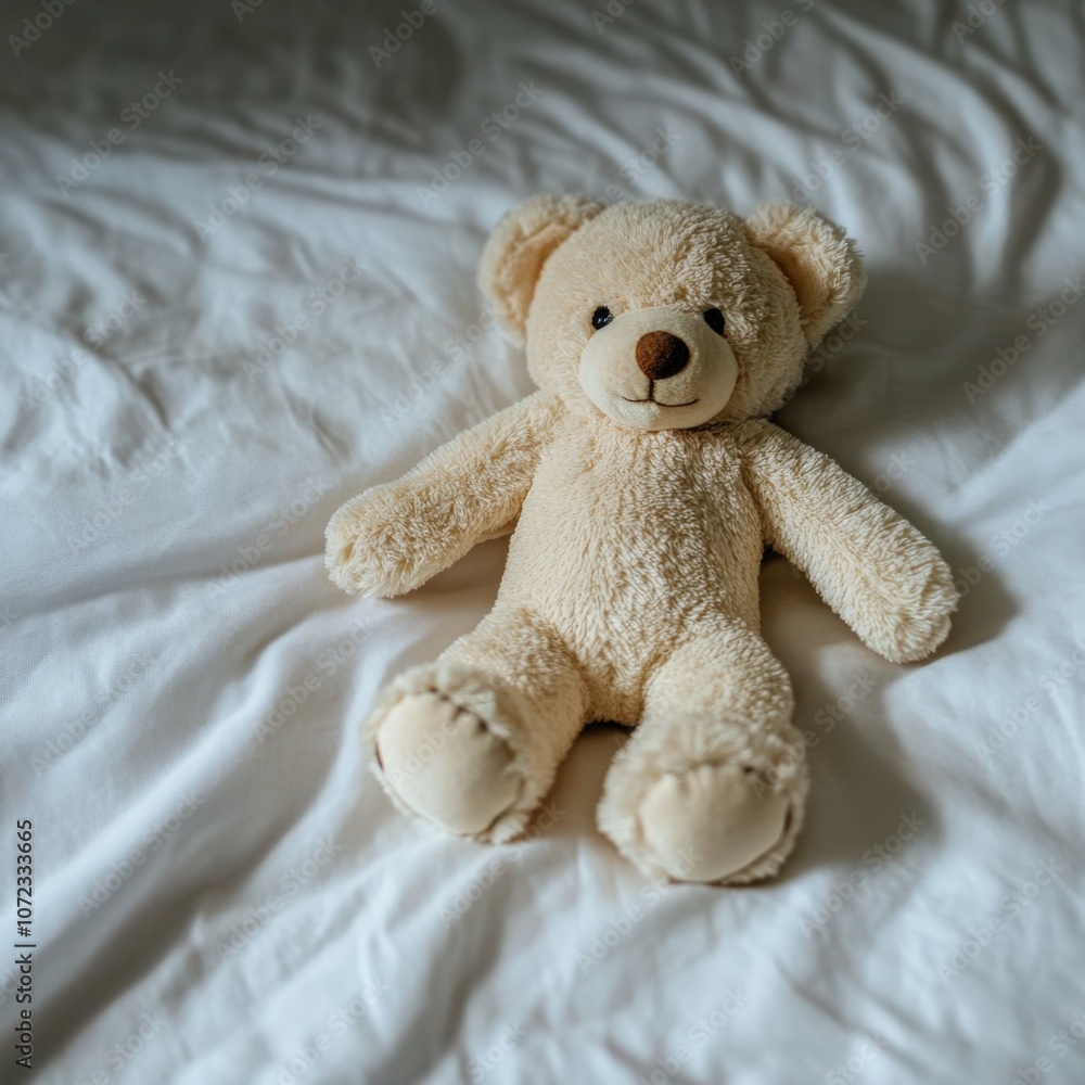 Soft and cuddly teddy bear on a cozy bed Soft and cuddly teddy bear on a cozy bed