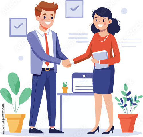 People shaking hands at work - Two businesspeople, man and woman doing handshake in office at work while smiling over business agreement and deal. Flat design stock illustration on white background