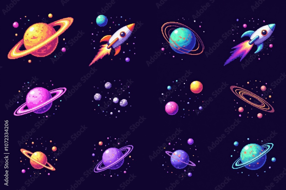 Vibrant cosmic collection: rockets and colorful planets on dark background. Vibrant cosmic collection: rockets and colorful planets on dark background.