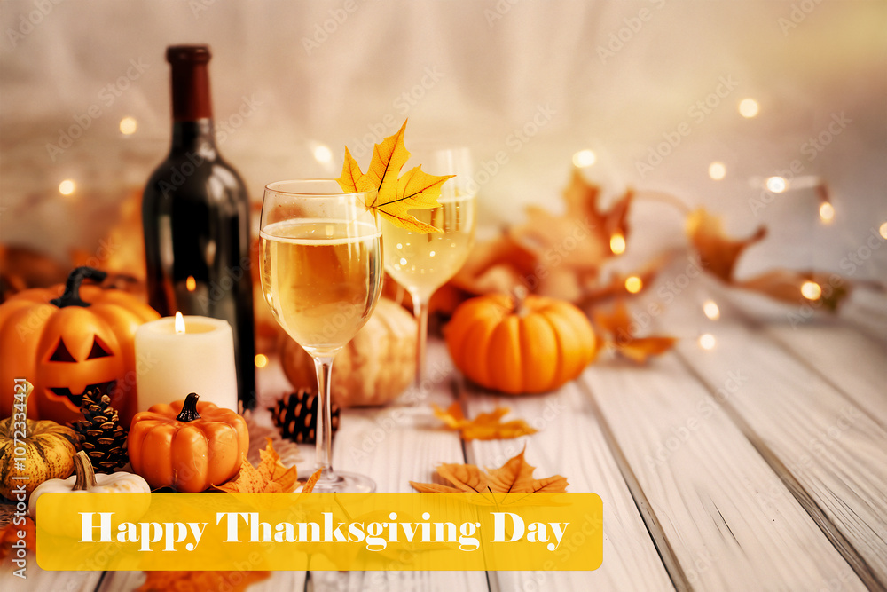 Happy Thanksgiving dinner party background, decorated with a wine glass, a wine bottle, pumpkins, and fallen leaves on a white wall, a festive and elegant feel with bokeh effects Happy Thanksgiving dinner party background, decorated with a wine glass, a wine bottle, pumpkins, and fallen leaves on a white wall, a festive and elegant feel with bokeh effects