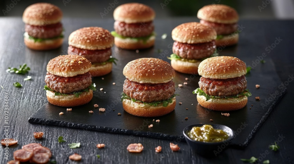 Delicious homemade mini burgers on a dark slate background Delicious homemade mini burgers on a dark slate background