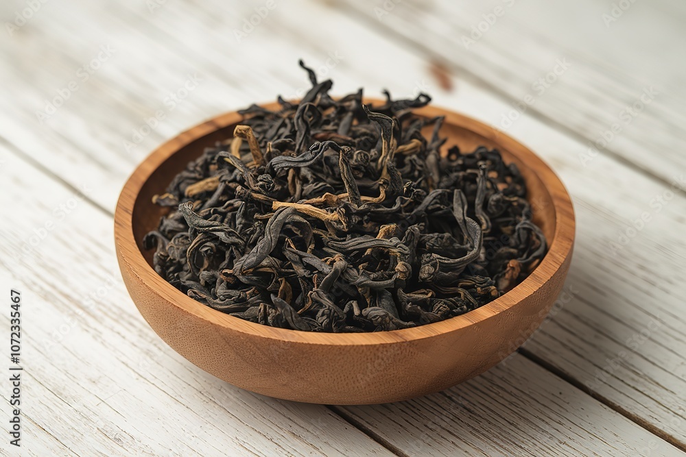 Fototapeta premium a wooden bowl filled with black, dried tea leaves
