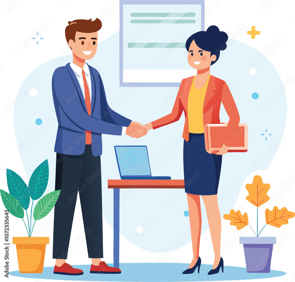 Fototapeta premium People shaking hands at work - Two businesspeople, man and woman doing handshake in office at work while smiling over business agreement and deal. Flat design stock illustration on white background