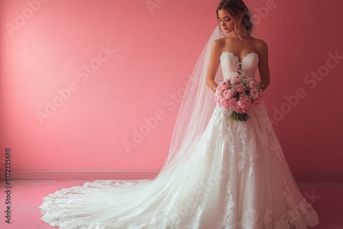 White wedding dress on a young woman with a bouquet on a pink background. Bride, wedding, clothing store, shopping, beauty and fashion photo