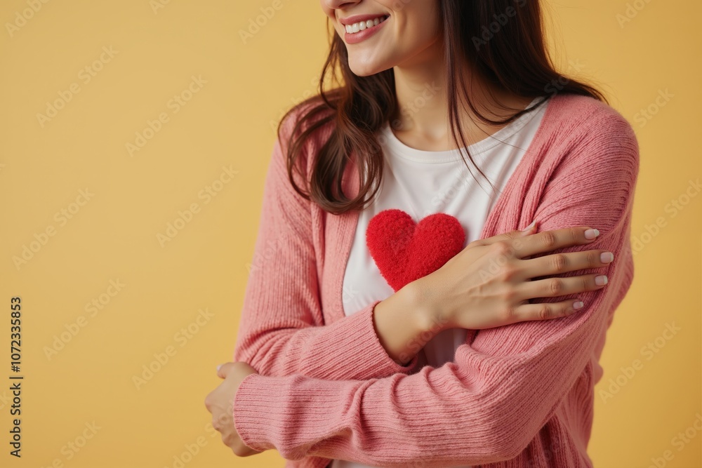 Smiling woman in pink cardigan with red heart emblem on yellow background. Smiling woman in pink cardigan with red heart emblem on yellow background.