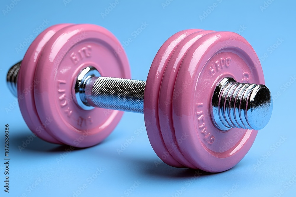 Pink dumbbell close-up on blue background. Strength, iron, training, sport Pink dumbbell close-up on blue background. Strength, iron, training, sport