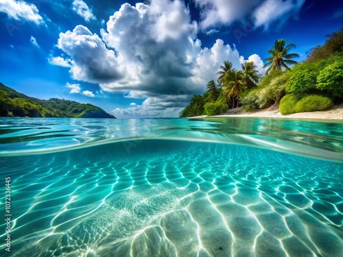 Stunning Scenic View of Isolated Swimming Pool Surrounded by Sandy Sea Bottom and Beautiful Blue Ocean Water Waves in a Captivating Underwater Landscape