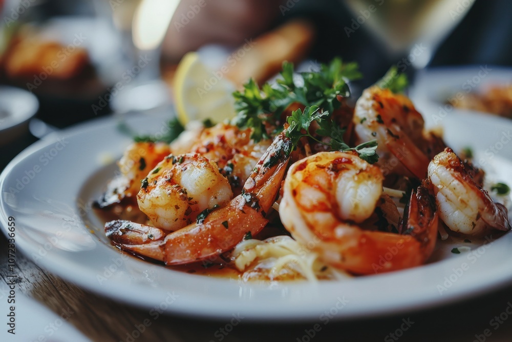 Close-Up of Buttery Garlic Shrimp Scampi with Fresh Parsley and Lemon, Perfect for Concepts of Seafood, Fine Dining, and Gourmet Cuisine Close-Up of Buttery Garlic Shrimp Scampi with Fresh Parsley and Lemon, Perfect for Concepts of Seafood, Fine Dining, and Gourmet Cuisine
