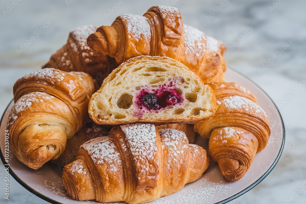 Fototapeta premium a plate of freshly baked pastries, with a focus on croissants